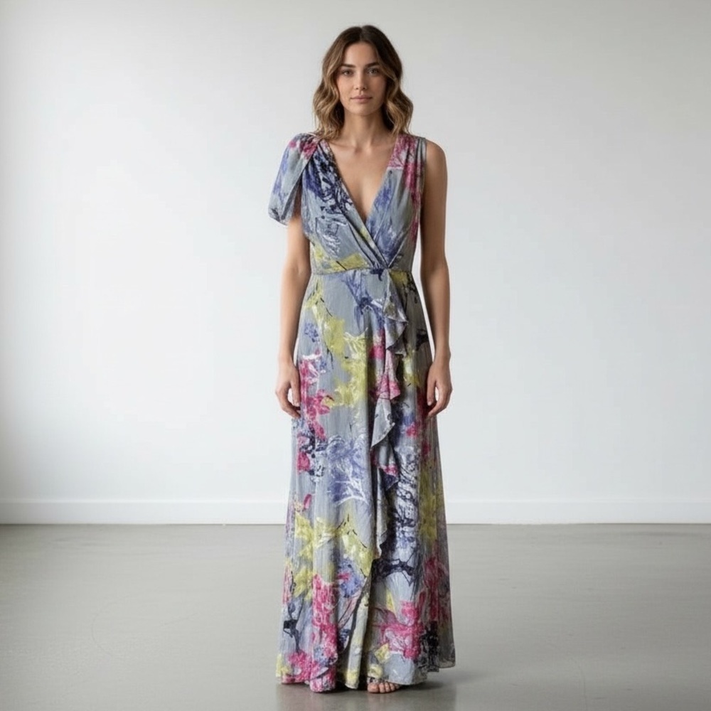 NWT Vivienne Tam Hi Low Gray Floral Ruffle Dress